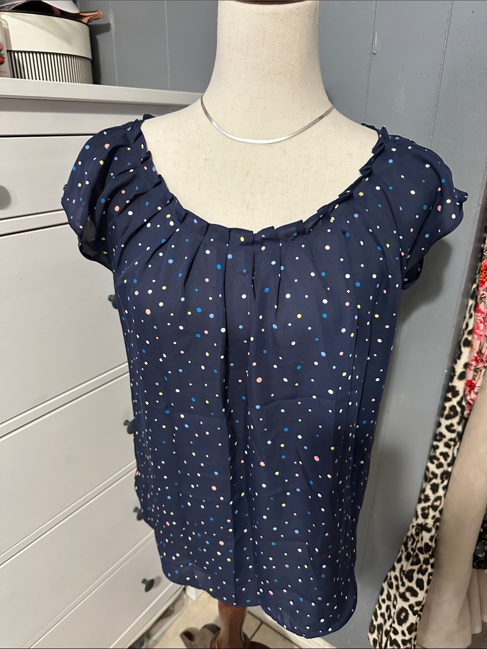 LC Lauren Conrad Navy Multicolor Polka Dot Blouse
